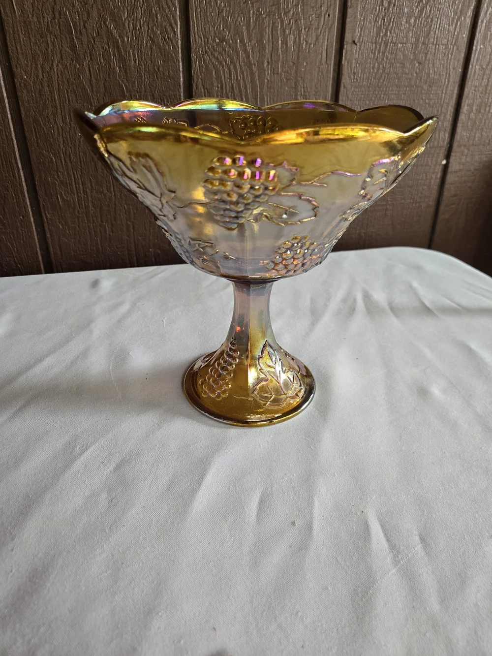 Vintage Indiana Marigold Amber Carnival Glass Harvest Grape Design Compote
